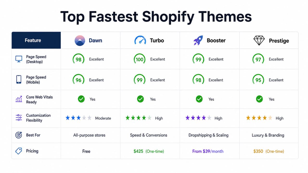Top Fastest Shopify Themes comparison
