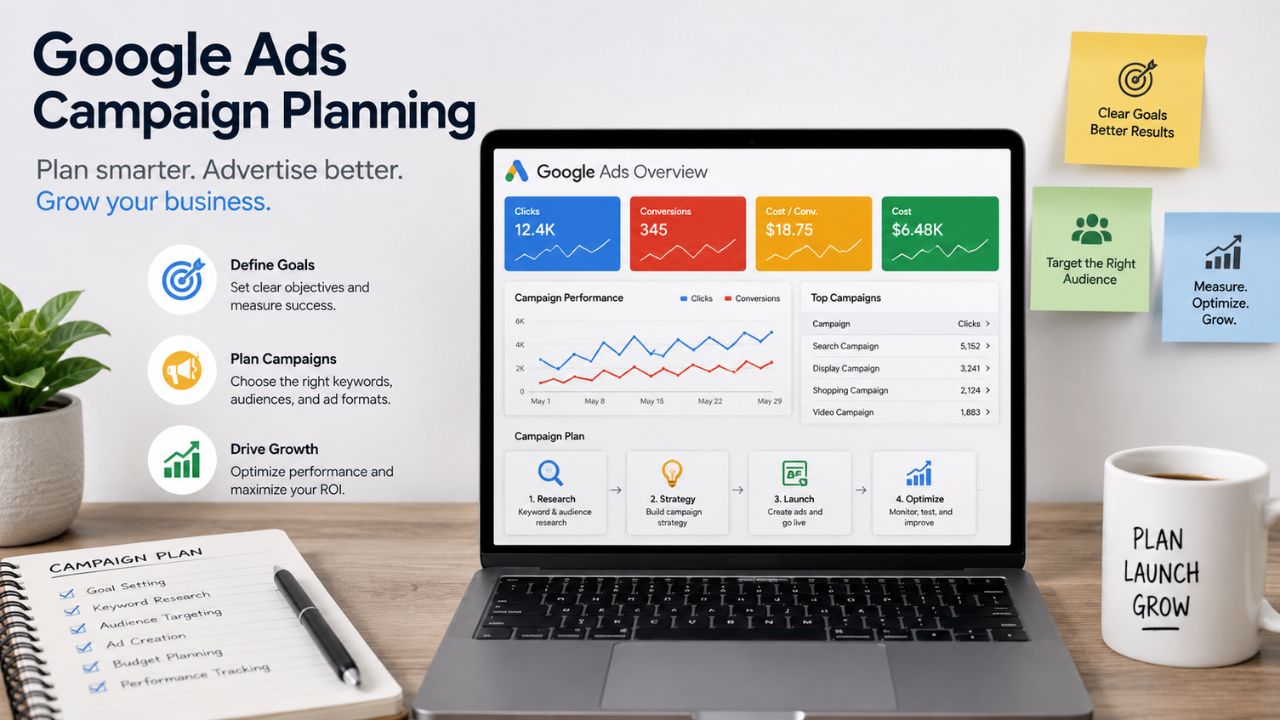 Marketing strategy concept showing campaign planning, advertising goals, and business growth analytics.