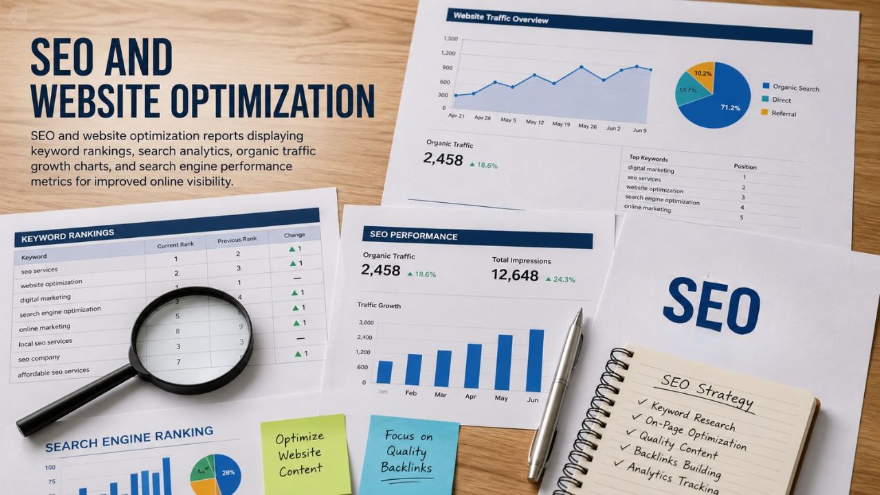 SEO optimization dashboard showing keyword rankings, website traffic, search engine optimization, and online business growth.