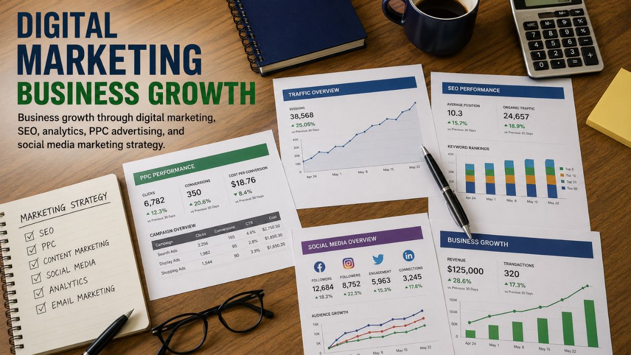SEO optimization dashboard showing keyword rankings, website traffic, search engine optimization, and online business growth.