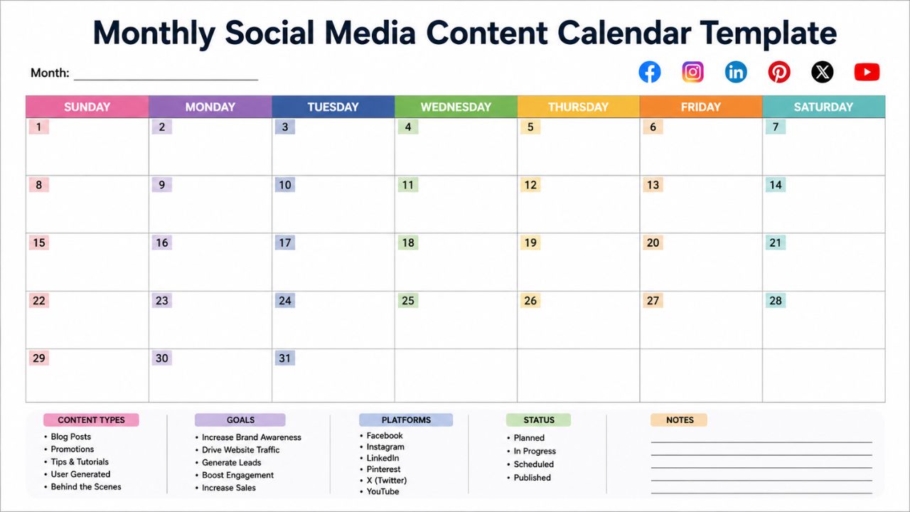Monthly Social Media Content Calendar template for business marketing