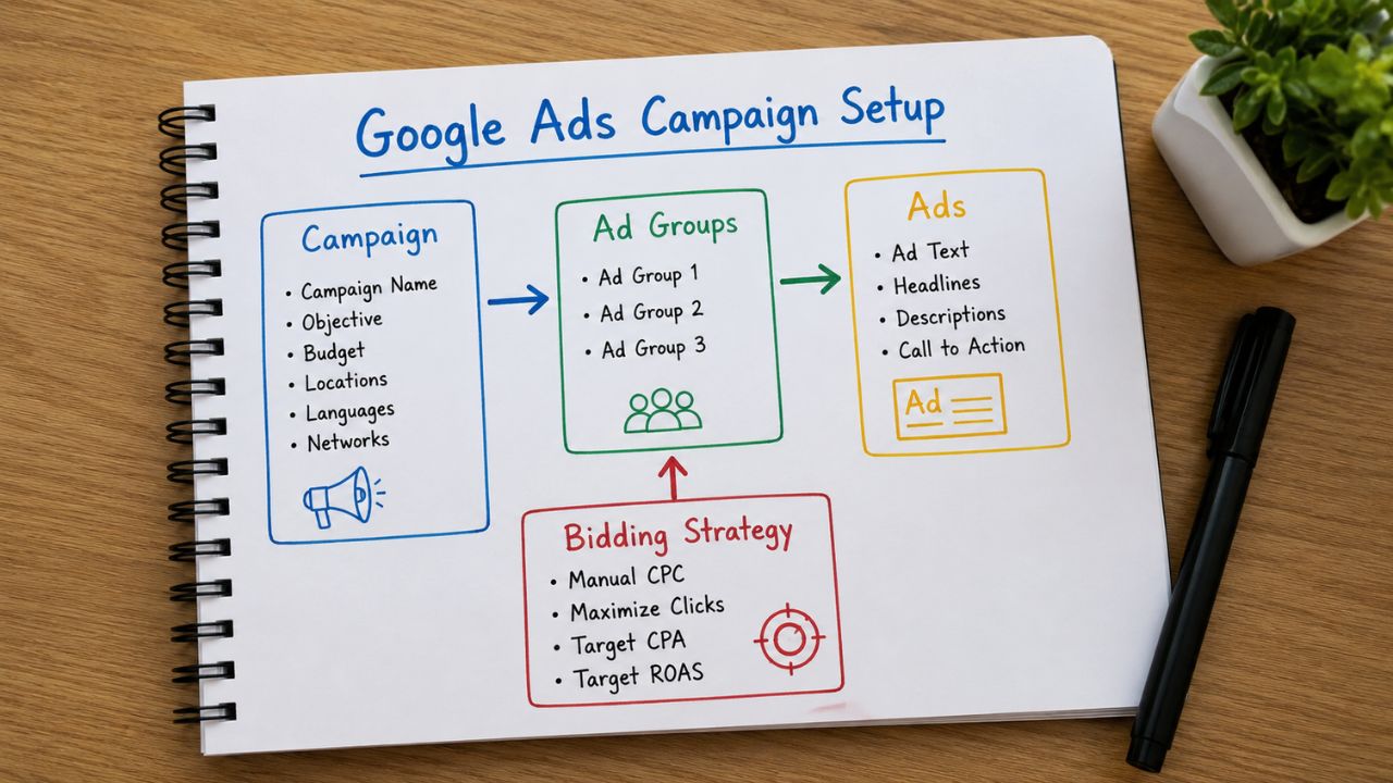 Google Ads for Small Businesses campaign setup with ad groups and bidding